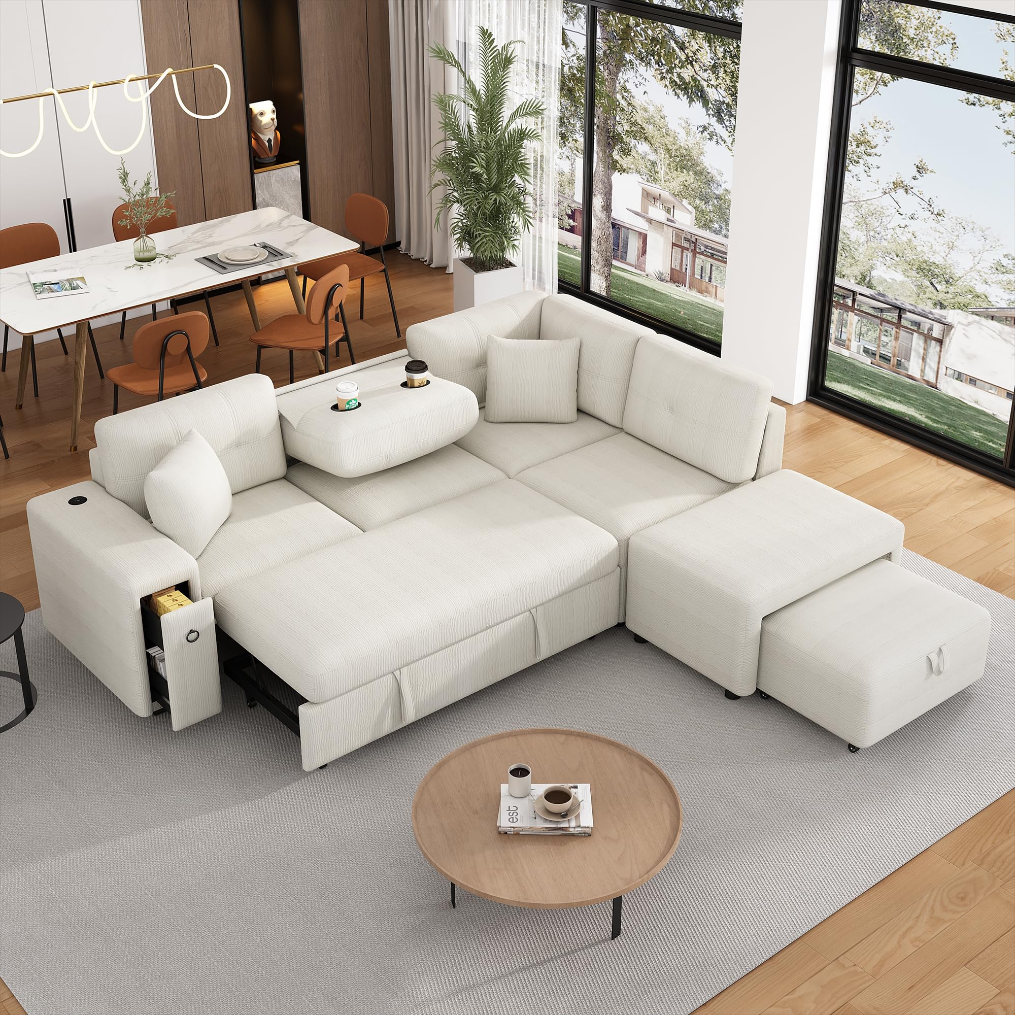 P PURLOVE Pull-Out Sofa Bed, Chenille L-Shaped Sectional Sofa Couch with a Movable Ottoman, 2 USB Ports and 2 Cup Holders for Living Room (Beige)