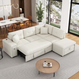 P PURLOVE Pull-Out Sofa Bed, Chenille L-Shaped Sectional Sofa Couch with a Movable Ottoman, 2 USB Ports and 2 Cup Holders for Living Room (Beige)