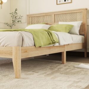 Queen Size Bed Frame with Rattan Headboard,Solid Wood Platform Bed with Strong Wooden Slats,Queen Bedframe,No Box Spring Needed, Natural