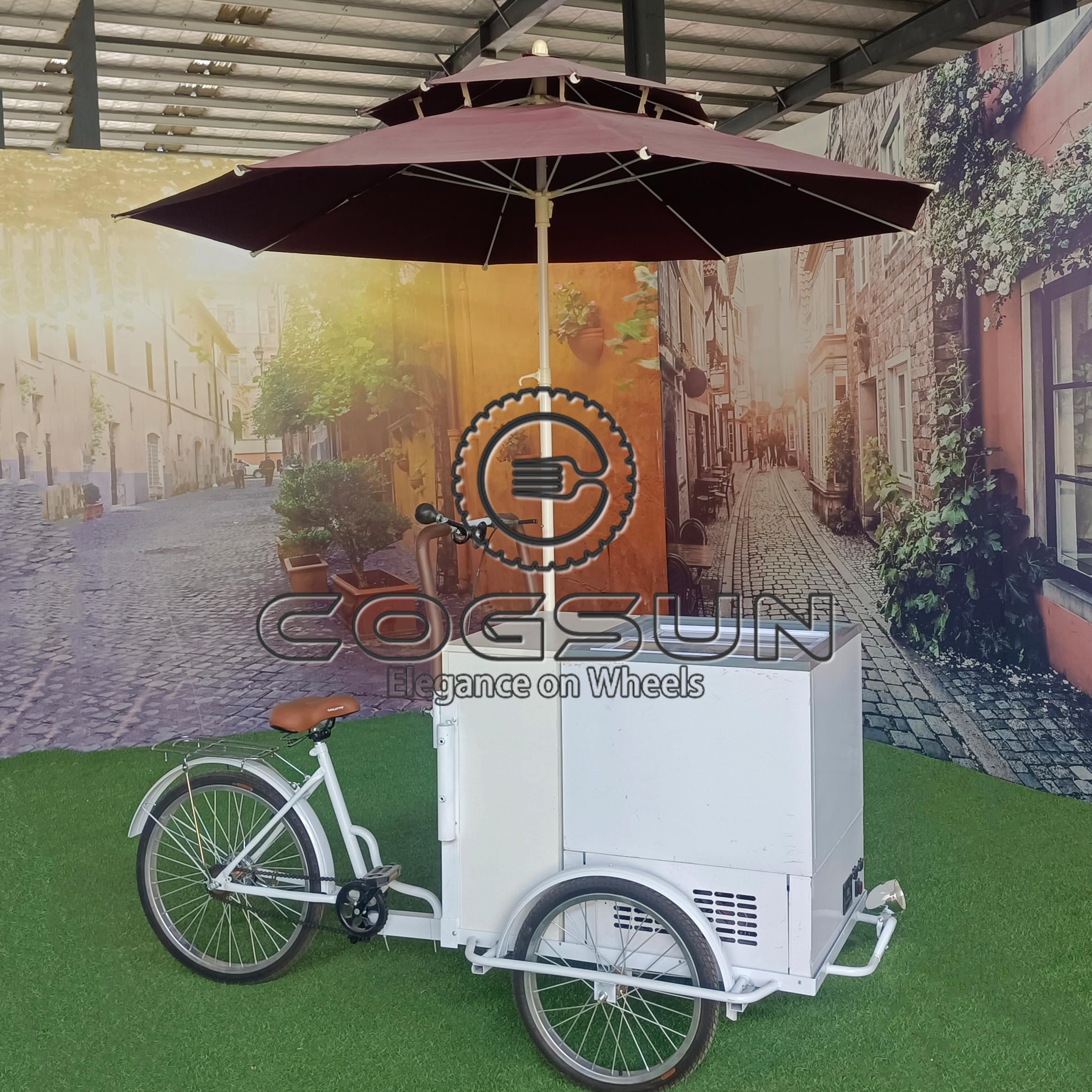 Ice Cream Cart Bicycle with Commercial Refrigerator Ice Cream Cart With Three Wheels for Business Food Vending Cart for Sale with Trailer Awning