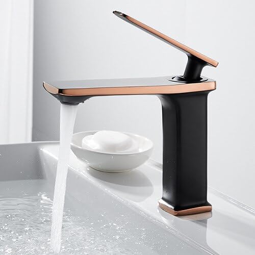 DUSJYOHRD Brass Black Gold Basin Faucet Bathroom Sink Faucets Hot Cold Water Mixer Crane Deck Mounted Single Handle Hole Bath Kitchen Tap(Black and Rose Gold)