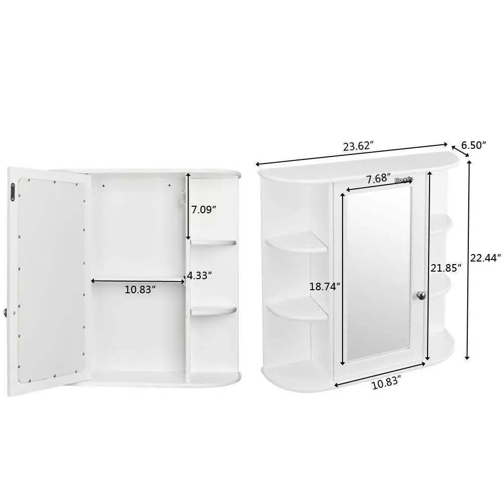 3 Tier Outside Bathroom Wall Mirror Cabinet, 6 Open Shelves Toilet Cabinet Multipurpose Storage Organizer ，White