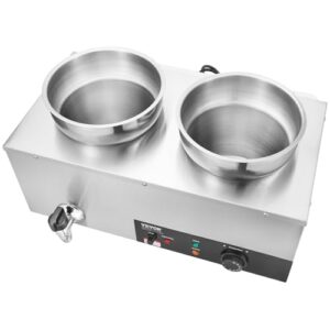 VEVOR Electric Soup Warmer, Dual 7.4QT Stainless Steel Round Pot 86~185°F Adjustable Temp, 1200W Commercial Bain Marie with Anti-Dry Burn and Reset Button, Soup Station for Restaurant, Buffet, Silver