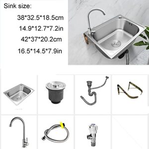 Single Bowl Stainless Steel Commercial Kitchen Sink, Free Standing Utility Sink Single Bowl Rectangle Wash Vegetable Basin For Garage Restaurant Laundry Room Outdoor (With Faucet 42*37*20.2CM)