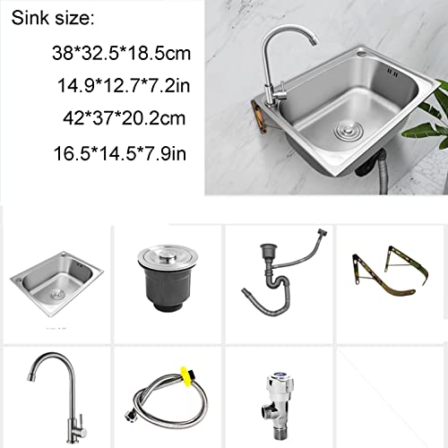 Single Bowl Stainless Steel Commercial Kitchen Sink, Free Standing Utility Sink Single Bowl Rectangle Wash Vegetable Basin For Garage Restaurant Laundry Room Outdoor (With Faucet 42*37*20.2CM)