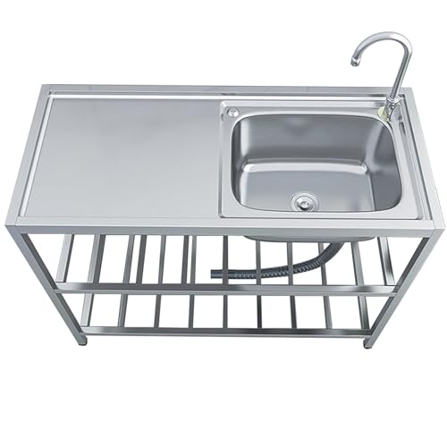 Free Standing Stainless-Steel Single Bowl Sink,Commercial Restaurant Kitchen Sink Set,Utility Kitchen Sink with Workbench, w/Faucet & Drain, for Restaurant,Garage,Laundry Room,Yard