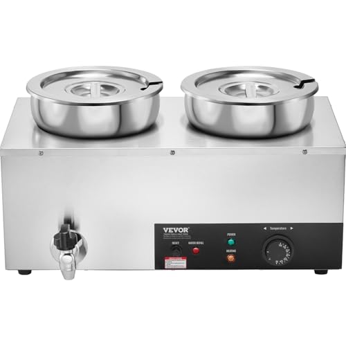 VEVOR Electric Soup Warmer, Dual 7.4QT Stainless Steel Round Pot 86~185°F Adjustable Temp, 1200W Commercial Bain Marie with Anti-Dry Burn and Reset Button, Soup Station for Restaurant, Buffet, Silver