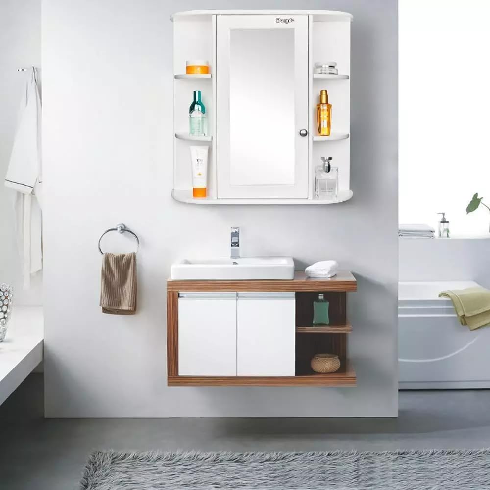 3 Tier Outside Bathroom Wall Mirror Cabinet, 6 Open Shelves Toilet Cabinet Multipurpose Storage Organizer ，White