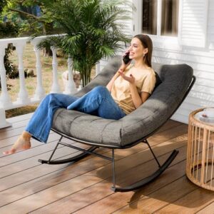 Bme Patio Rocking Chair Outdoor & Indoor, Metal Patio Lounge Rocking Chair with Thick Cushion, Comfy Modern Rocker Chair for Living Room, Porch, Backyard, Grey Cushion - Black Matte Rocker