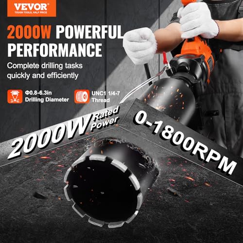 VEVOR Diamond Core Drill Machine, Wet and Dry Use, 0.8-6.3in Drilling Diameter Handheld Core Drill Rig with Stand and Core Drill Bit, 2000W Rugged Concrete Core Drill, For Concrete, Brick, Marble