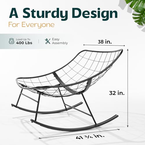 Bme Patio Rocking Chair Outdoor & Indoor, Metal Patio Lounge Rocking Chair with Thick Cushion, Comfy Modern Rocker Chair for Living Room, Porch, Backyard, Grey Cushion - Black Matte Rocker