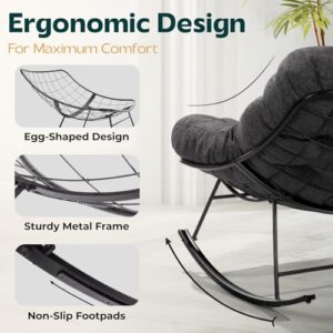 Bme Patio Rocking Chair Outdoor & Indoor, Metal Patio Lounge Rocking Chair with Thick Cushion, Comfy Modern Rocker Chair for Living Room, Porch, Backyard, Grey Cushion - Black Matte Rocker