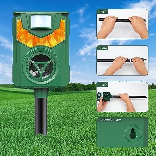 Solar Ultrasonic Animal Repeller Outdoor, Squirrel Deer Repellent, Ultrasonic Raccoon Repellent with Motion Sensor for Skunk, Fox, Deer, Wolf, Coyote, Rabbit, Mole