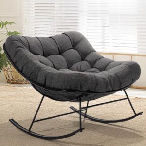 bme patio rocking chair outdoor & indoor, metal patio lounge rocking chair with thick cushion, comfy modern rocker chair for living room, porch, backyard, grey cushion - black matte rocker