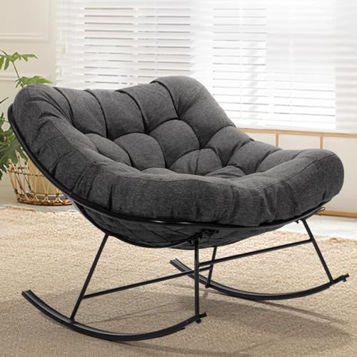 Bme Patio Rocking Chair Outdoor & Indoor, Metal Patio Lounge Rocking Chair with Thick Cushion, Comfy Modern Rocker Chair for Living Room, Porch, Backyard, Grey Cushion - Black Matte Rocker