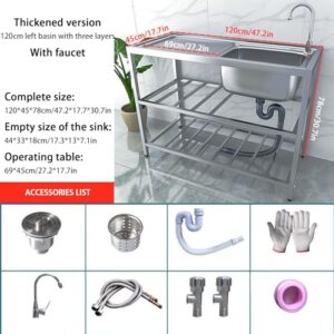 Free Standing Stainless-Steel Single Bowl Sink,Commercial Restaurant Kitchen Sink Set,Utility Kitchen Sink with Workbench, w/Faucet & Drain, for Restaurant,Garage,Laundry Room,Yard