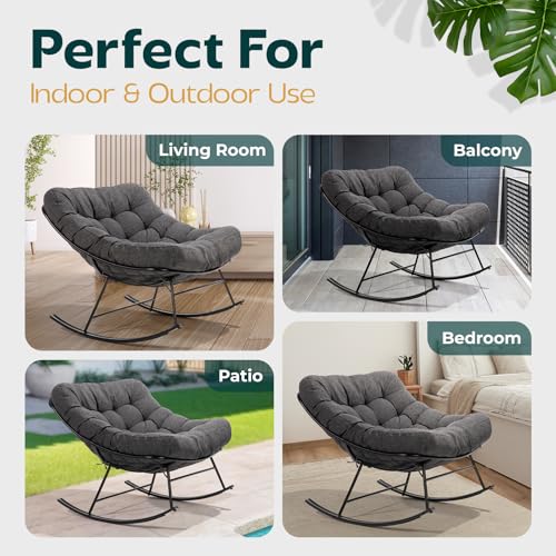 Bme Patio Rocking Chair Outdoor & Indoor, Metal Patio Lounge Rocking Chair with Thick Cushion, Comfy Modern Rocker Chair for Living Room, Porch, Backyard, Grey Cushion - Black Matte Rocker