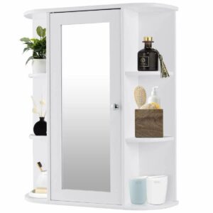 3 tier outside bathroom wall mirror cabinet, 6 open shelves toilet cabinet multipurpose storage organizer ，white