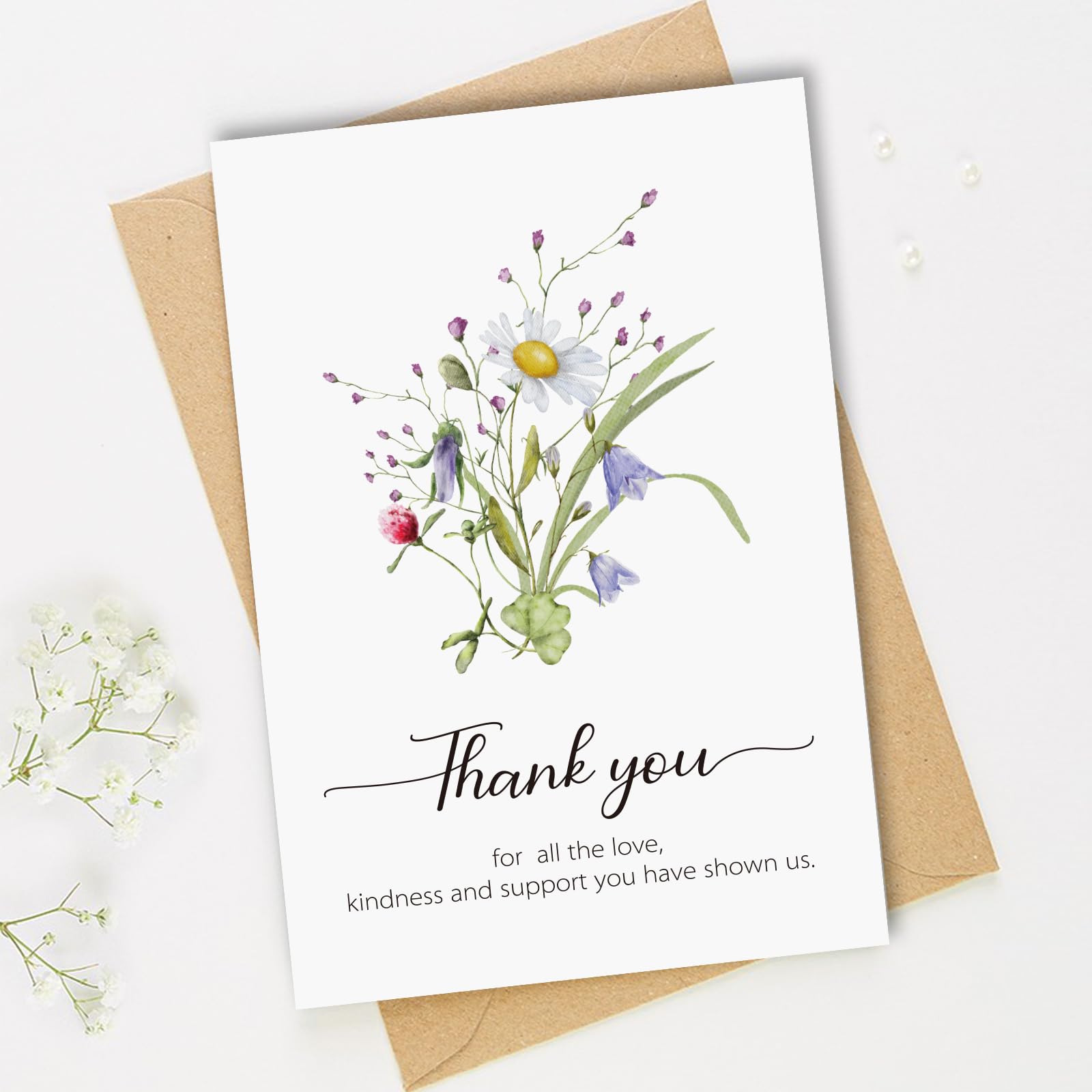 HiABNRT 50 Funeral Thank You Cards with Envelopes 4x6in Watercolor Wildflower Bereavement Sympathy Thank You Card with 5 Designs for Funeral Celebration of Life, Bulk, Message Inside