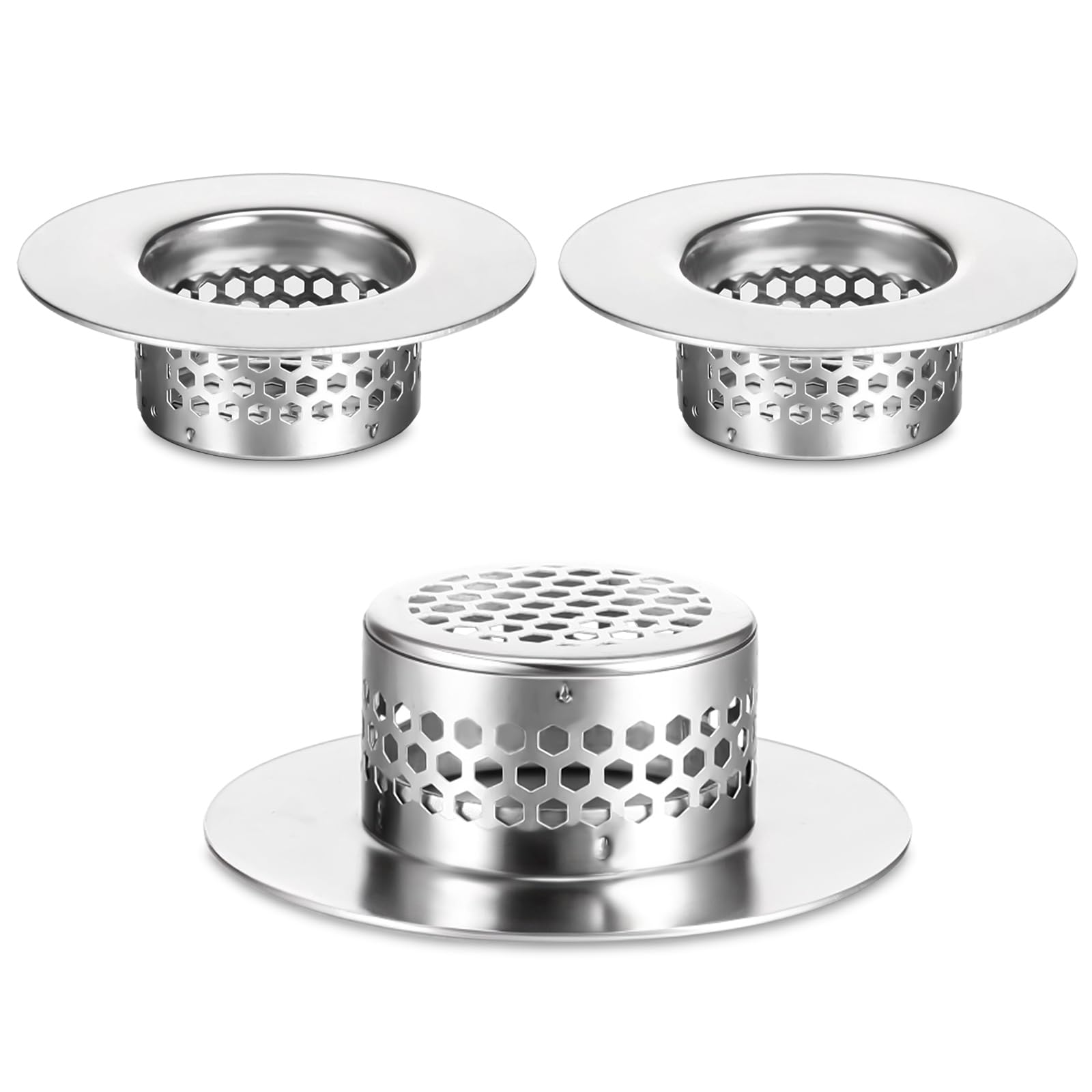 3pcs Bathroom Sink Strainer Bathtub Hair Catcher Bathroom Sink Drain Cover Stainless Steel Sink Strainer Bath Tub Hair Catcher Mesh Sink Strainer for Kitchen Fit Hole Size from 1.25" to 1.60"