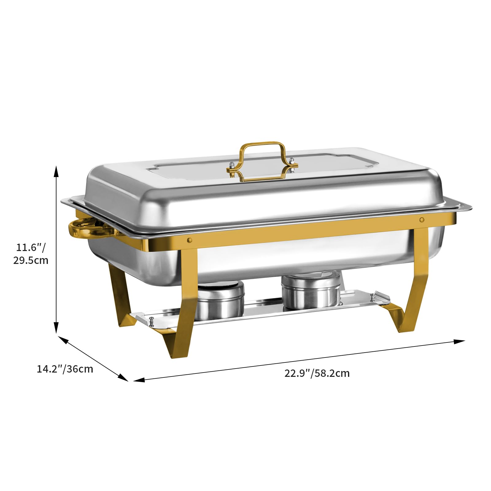 EVGTTI Gold Chafing Dish Buffet Set, Stainless Steel Rectangular Full Size 8 QT Chafers and Buffet Warmer Sets for Catering, Foldable Complete Set with Pan, Lid, Fuel Holder for Event Party (5 Pack)