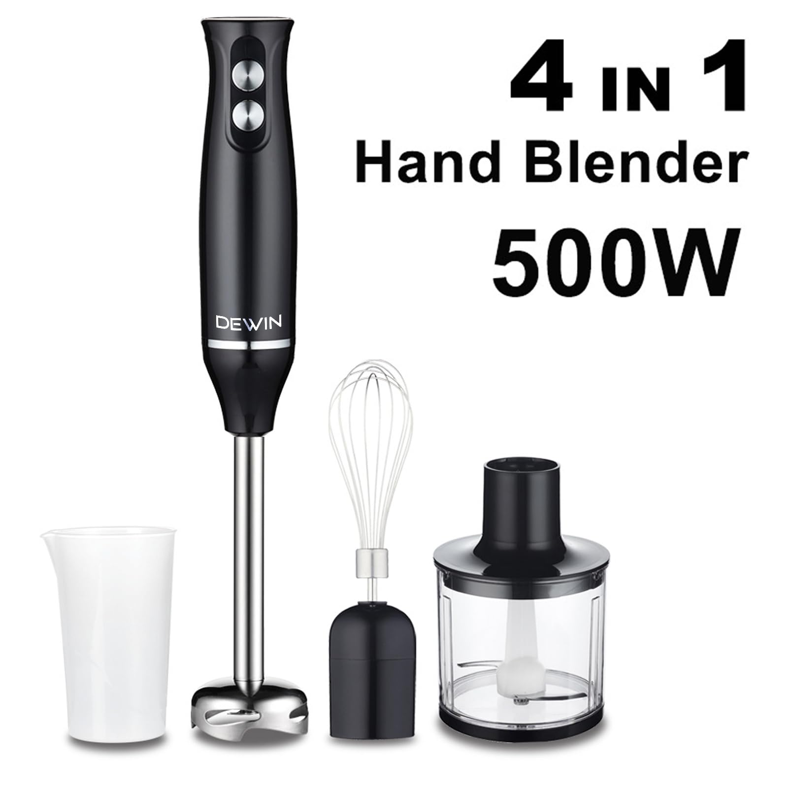 DEWIN Immersion Blender, 500 Watt 4-in-1 Hand Blender with Chopper, Whisk, Mixing Beaker, Electric Stick Blender with Two Speed Adjustable, Ergonomic handle