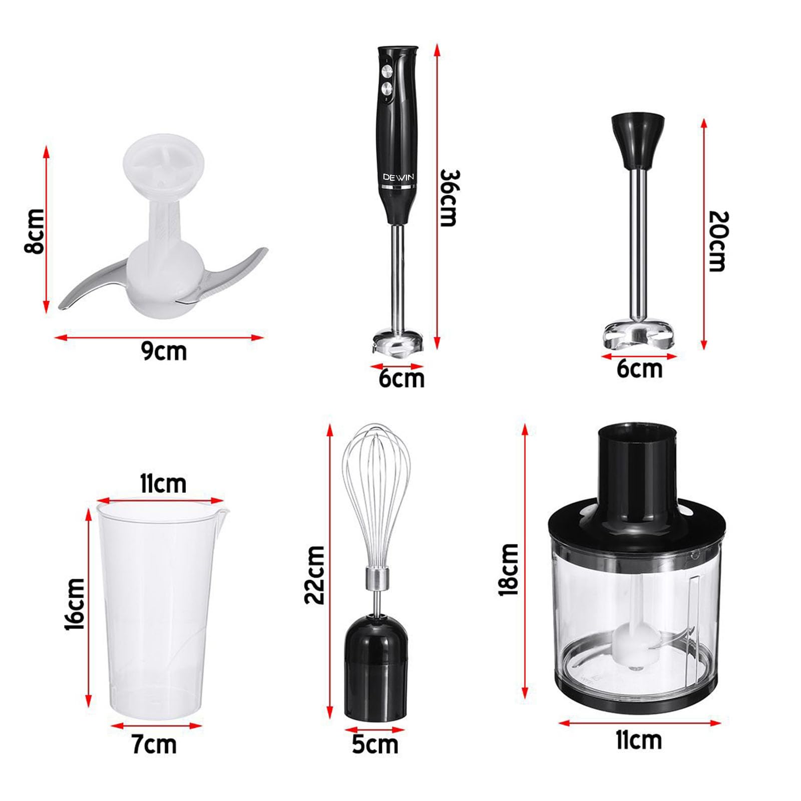 DEWIN Immersion Blender, 500 Watt 4-in-1 Hand Blender with Chopper, Whisk, Mixing Beaker, Electric Stick Blender with Two Speed Adjustable, Ergonomic handle