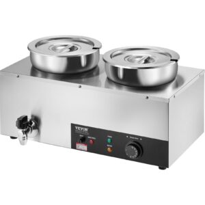 VEVOR Electric Soup Warmer, Dual 7.4QT Stainless Steel Round Pot 86~185°F Adjustable Temp, 1200W Commercial Bain Marie with Anti-Dry Burn and Reset Button, Soup Station for Restaurant, Buffet, Silver