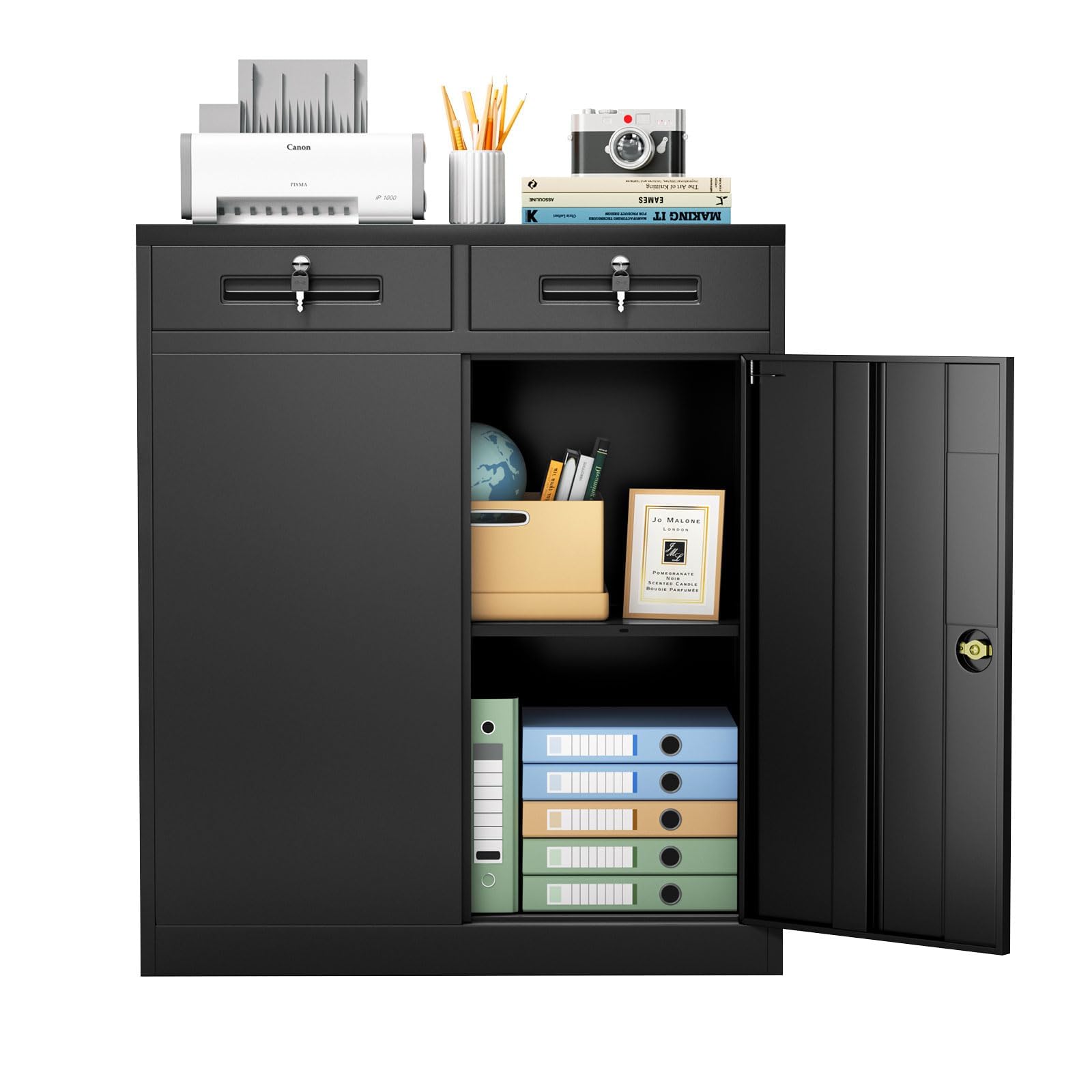 Superday 42" Locking Garage Storage Cabinet with 2 Drawers, Black Lockable Metal Storage Cabinet with 2 Doors and Adjustable Shelves, Tool Cabinet for Home Office, School, Etc