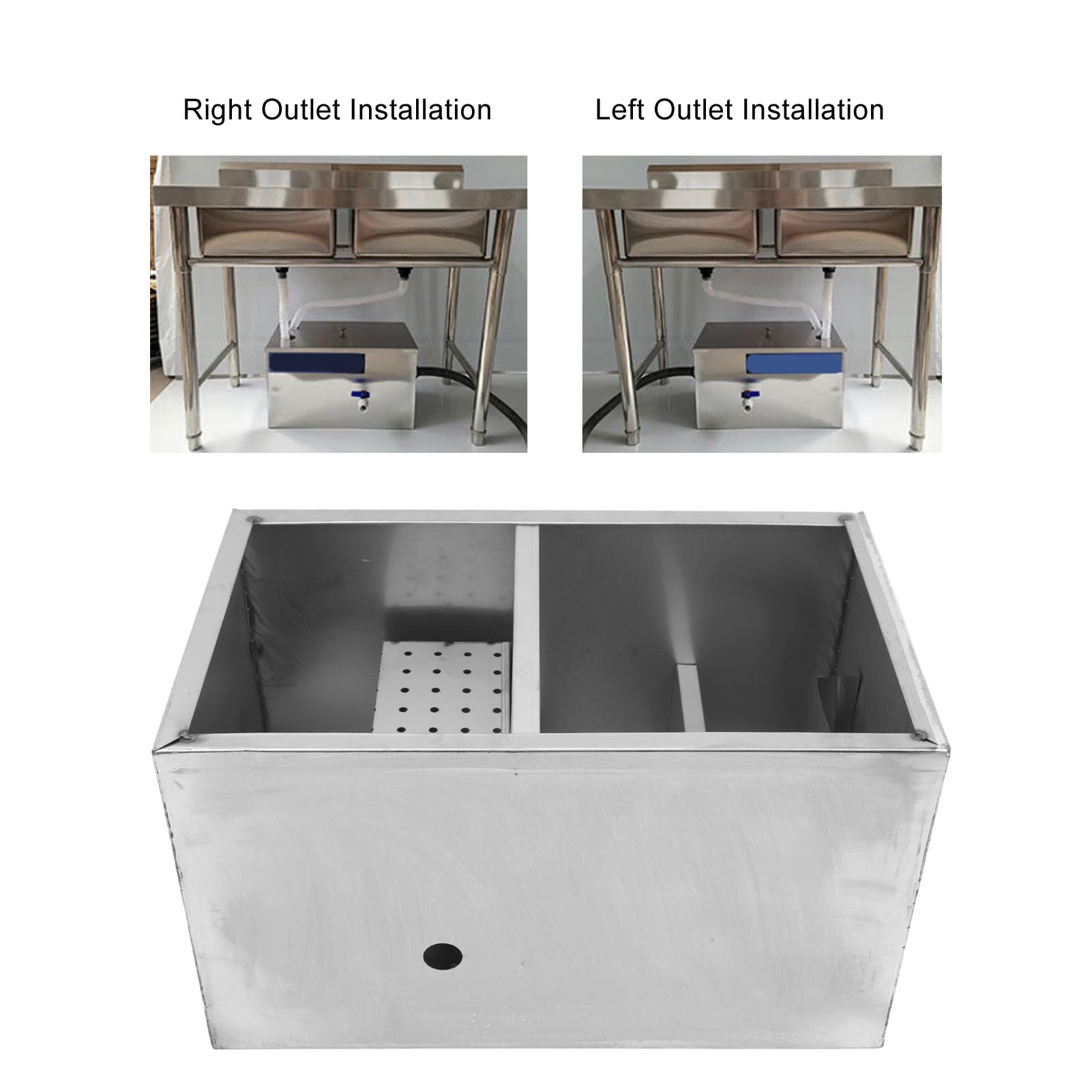 Stainless Steel Grease Trap, Heavy Duty Oil Water Separator with Detachable Filter Basket, 400x250x230mm for Commercial Kitchens