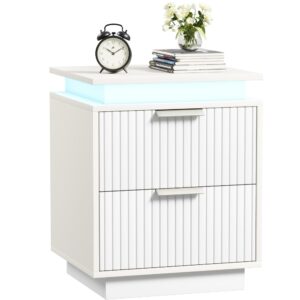 Furmax Nightstand with LED Light, Set of 2 Night Stand with Drawers, White Bedside Table, Modern End Side Table for Bedroom