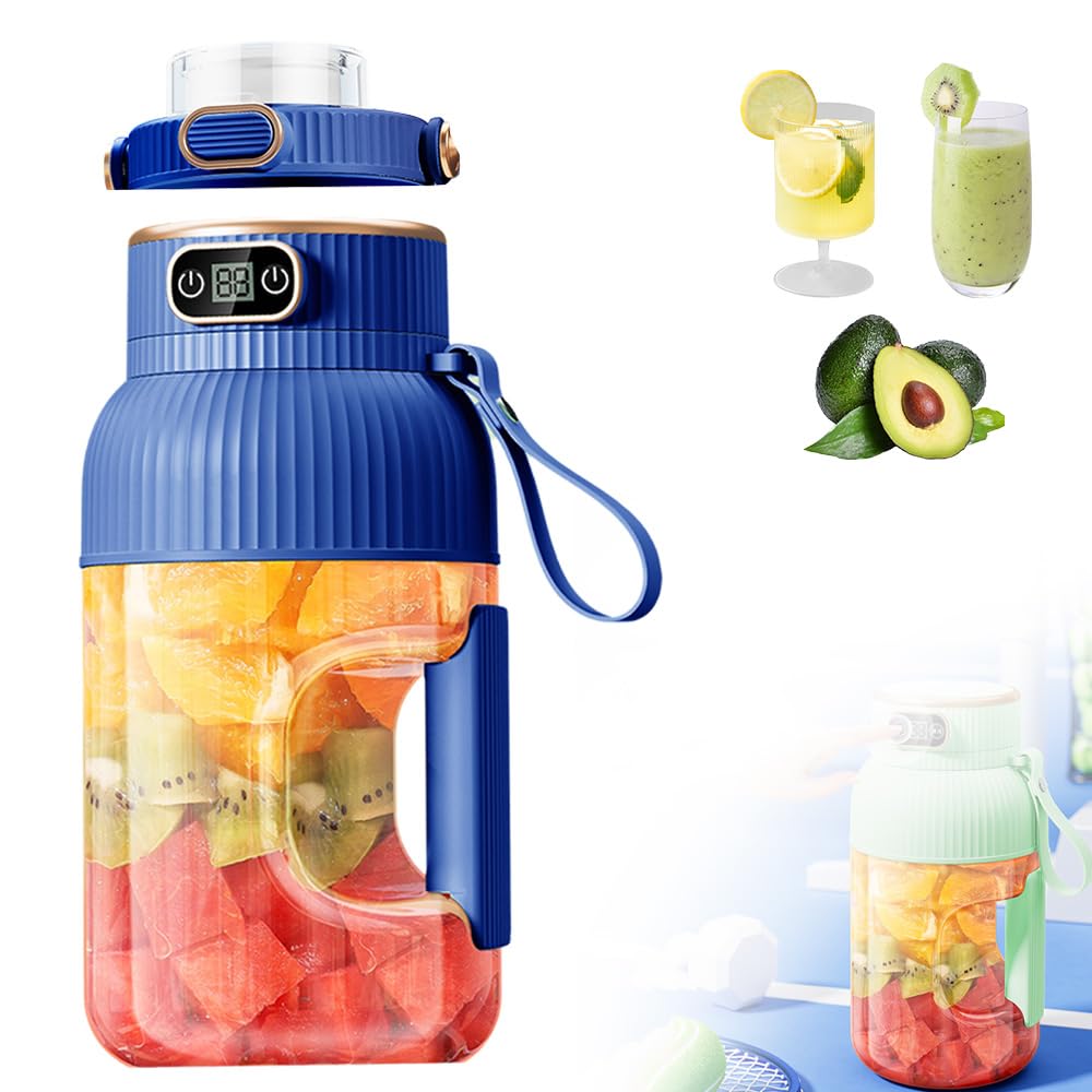 Multifunctional Portable Juicer Cup With Digital Display,Portable Blender With Direct Drinking Lid,Large Capacity Electric Blender for Smoothies Juices Shakes (Blue-Single cup Double lid)