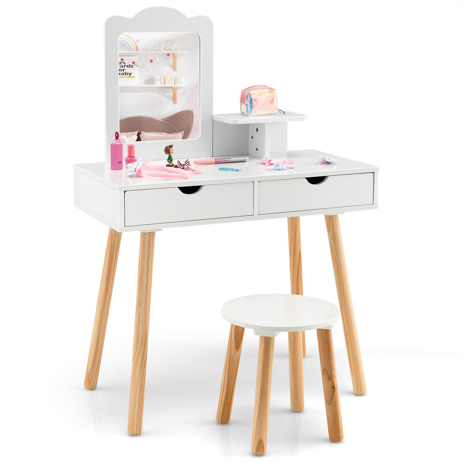 FIREFLOWERY Kids Vanity, Kids Makeup Vanity w/Open Storage Shelve & 2 Large Drawers, Wooden Princess Play Vanity Table, Toddler Vanity, Girls Vanity Set with Mirror and Stool for Bedroom (White)