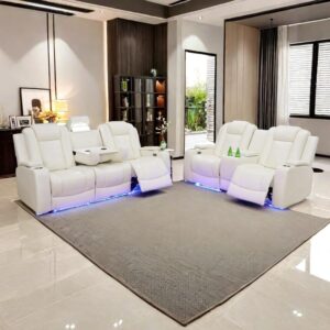 a ainehome power leather recliner sofa set with led lights, recliner sofa sectional couches for living room, reclining sofa and loveseat with usb port/storage console(creamy white,sofa+loveseat)