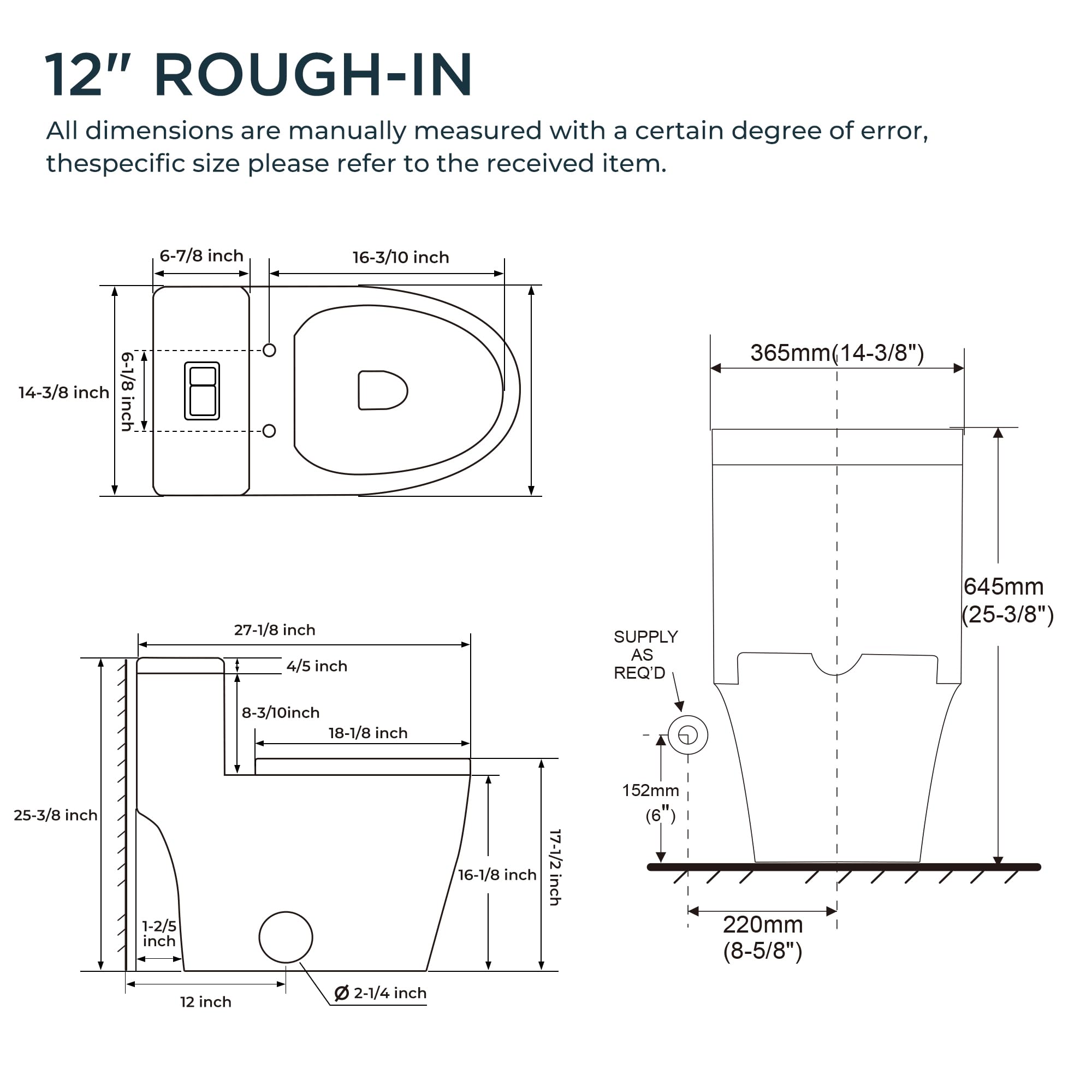 Compact One Piece Toilet, Dual Flush 1.1/1.6 GPF Elongated Standard Toilet for Bathroom, Comfort Height Seat, Modern Compact Standard Toilet for Bathroom, 12" Rough-In, White