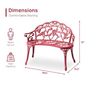 CIPACHO Outdoor Cast Aluminum Patio Bench, Garden Bench with Curved Legs Rose Pattern,Porch Bench Chair for Park Balcony Backyard Outdoor Furniture (Red)