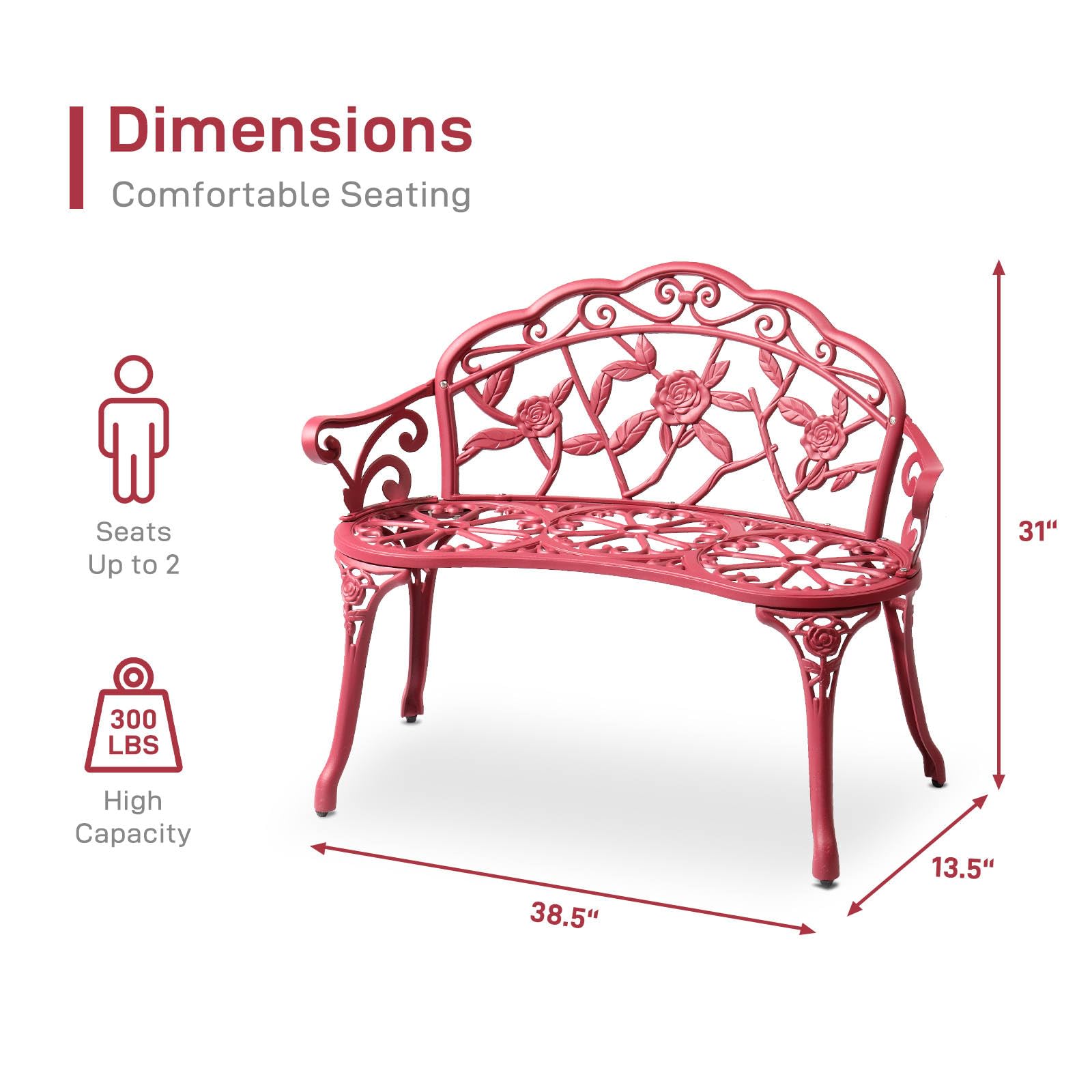 CIPACHO Outdoor Cast Aluminum Patio Bench, Garden Bench with Curved Legs Rose Pattern,Porch Bench Chair for Park Balcony Backyard Outdoor Furniture (Red)