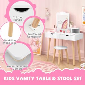 FIREFLOWERY Kids Vanity, Kids Makeup Vanity w/Open Storage Shelve & 2 Large Drawers, Wooden Princess Play Vanity Table, Toddler Vanity, Girls Vanity Set with Mirror and Stool for Bedroom (White)