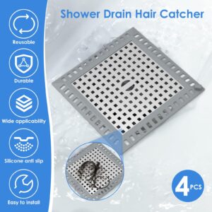 4 Pcs Shower Drain Hair Filter Mesh Tub Drain Protector with Silicone Rim Anti Slip Sink Hair Stopper Stainless Steel Hair Strainer Bathtub Hair Trap Stopper for Kitchen Bathroom Laundry (Square)