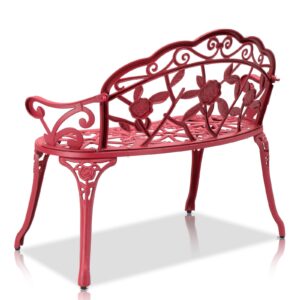 CIPACHO Outdoor Cast Aluminum Patio Bench, Garden Bench with Curved Legs Rose Pattern,Porch Bench Chair for Park Balcony Backyard Outdoor Furniture (Red)