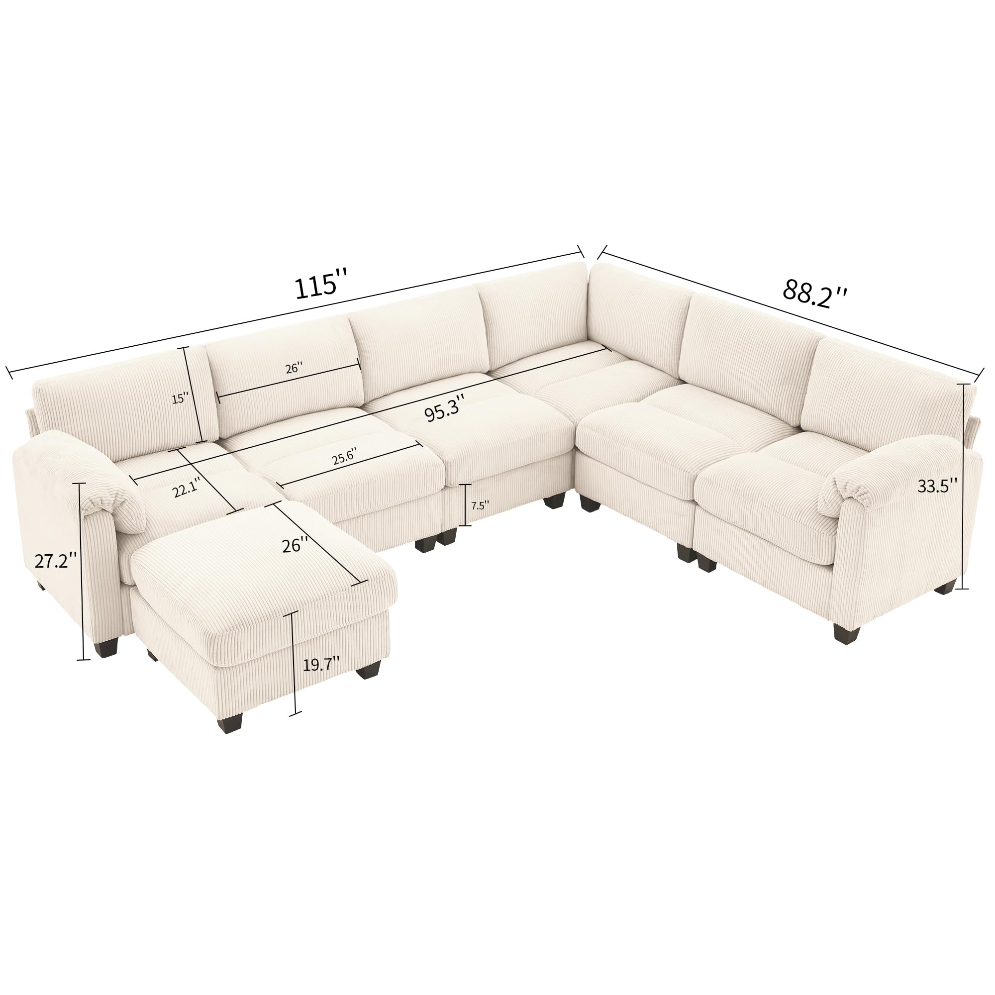 Bumblr Oversized Corduroy Sectional Couches for Living Room with Movable Ottoman, 6 Seater Modern Convertible L Shaped Modular Sectional Sofa with Reversible Chaise, Comfy Corner Sofa Couch Set, Beige