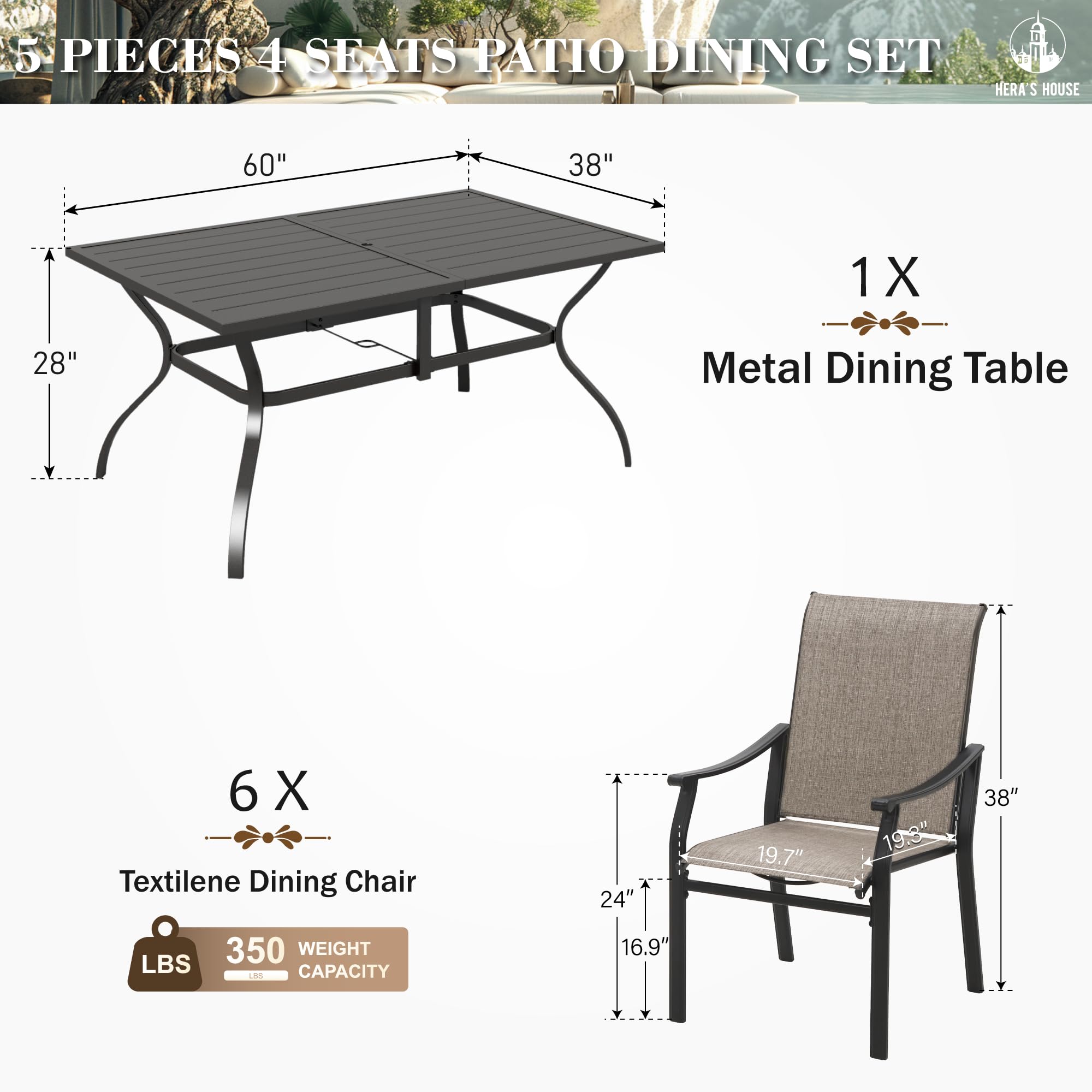 HERA'S HOUSE Outdoor Dining Set 7 Piece Patio Dining Sets, 6 Brown Textilene Chairs and 1 Rectangular Metal Dining Table, Patio Furniture Set for Deck Backyard Lawn Garden Porch