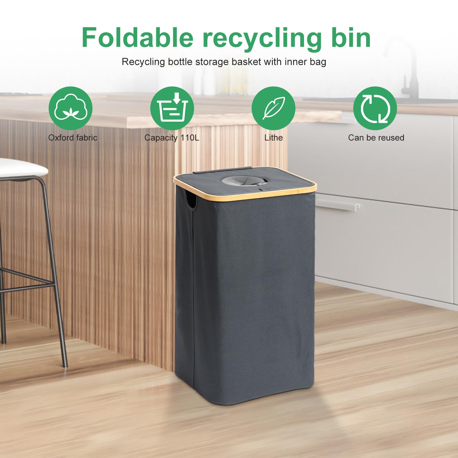 LCZNXJJY Recycling Bin for Kitchen, 110l Recycle Bin w Lid & Reusable Inner Bag Kitchen Recycling Bin Items Collection Container for Indoor Home Bottle Can Glass Waste Plastic Stickers (Grey)