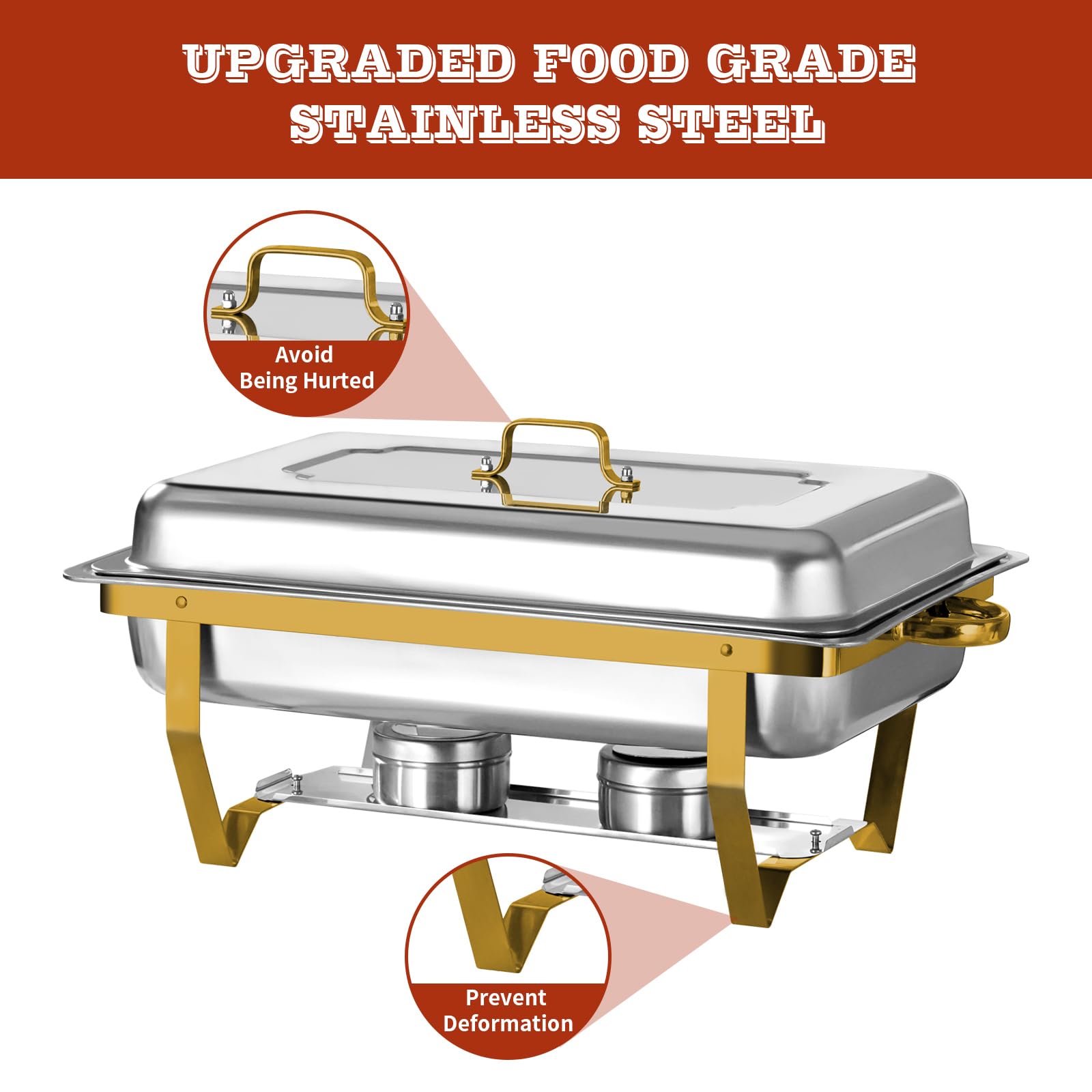 EVGTTI Gold Chafing Dish Buffet Set, Stainless Steel Rectangular Full Size 8 QT Chafers and Buffet Warmer Sets for Catering, Foldable Complete Set with Pan, Lid, Fuel Holder for Event Party (5 Pack)