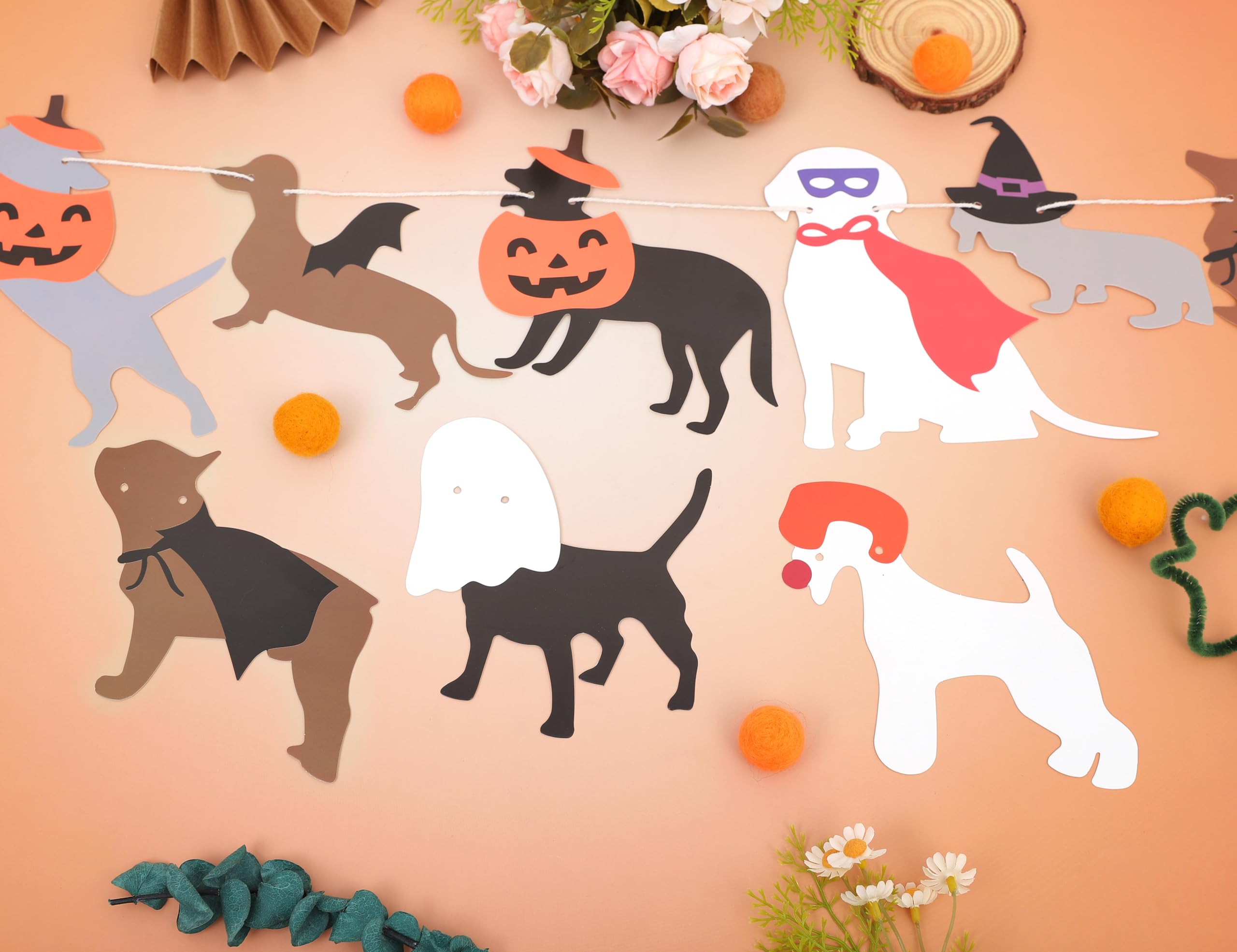 Halloween Dog Garland - Halloween Spooky Dogs Banner, Cute Witch Hat Pumpkin Puppy Dog Hanging Banner, Halloween Puppy Theme Wall Decor