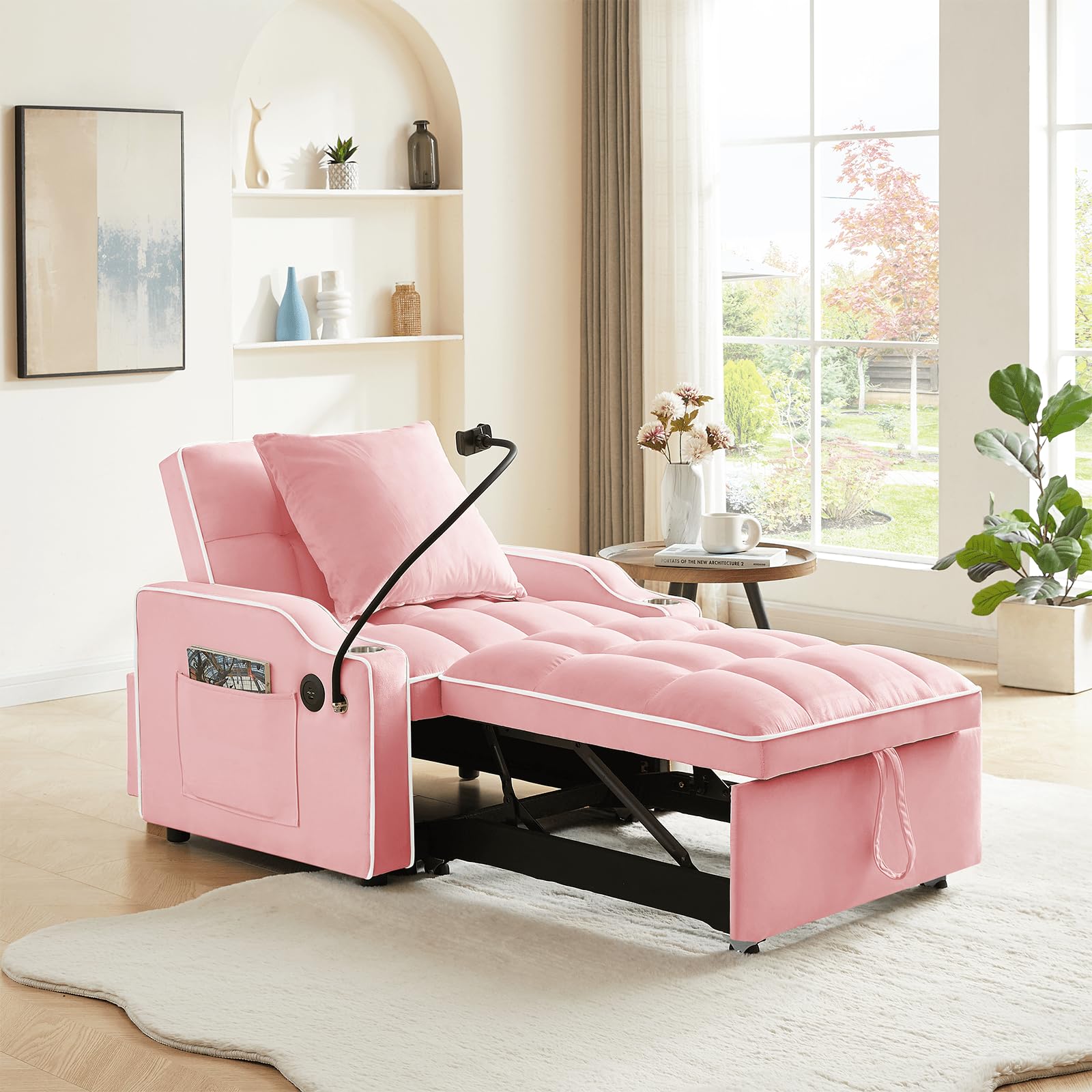 Hison 3-in-1 Convertible Chair Bed Sleeper Pull Out Sofa Bed with Adjustable Backrest,Phone Holder,USB Ports,Cup Holders,Side Pockets for Living Room,Apartment,Small Space,Pink