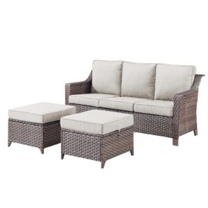 outdoor wicker couch and ottomans set - heavy duty outside resin rattan lawn funiture sofa sets for front porch balcony backyard yard deck apartment – brown/beige