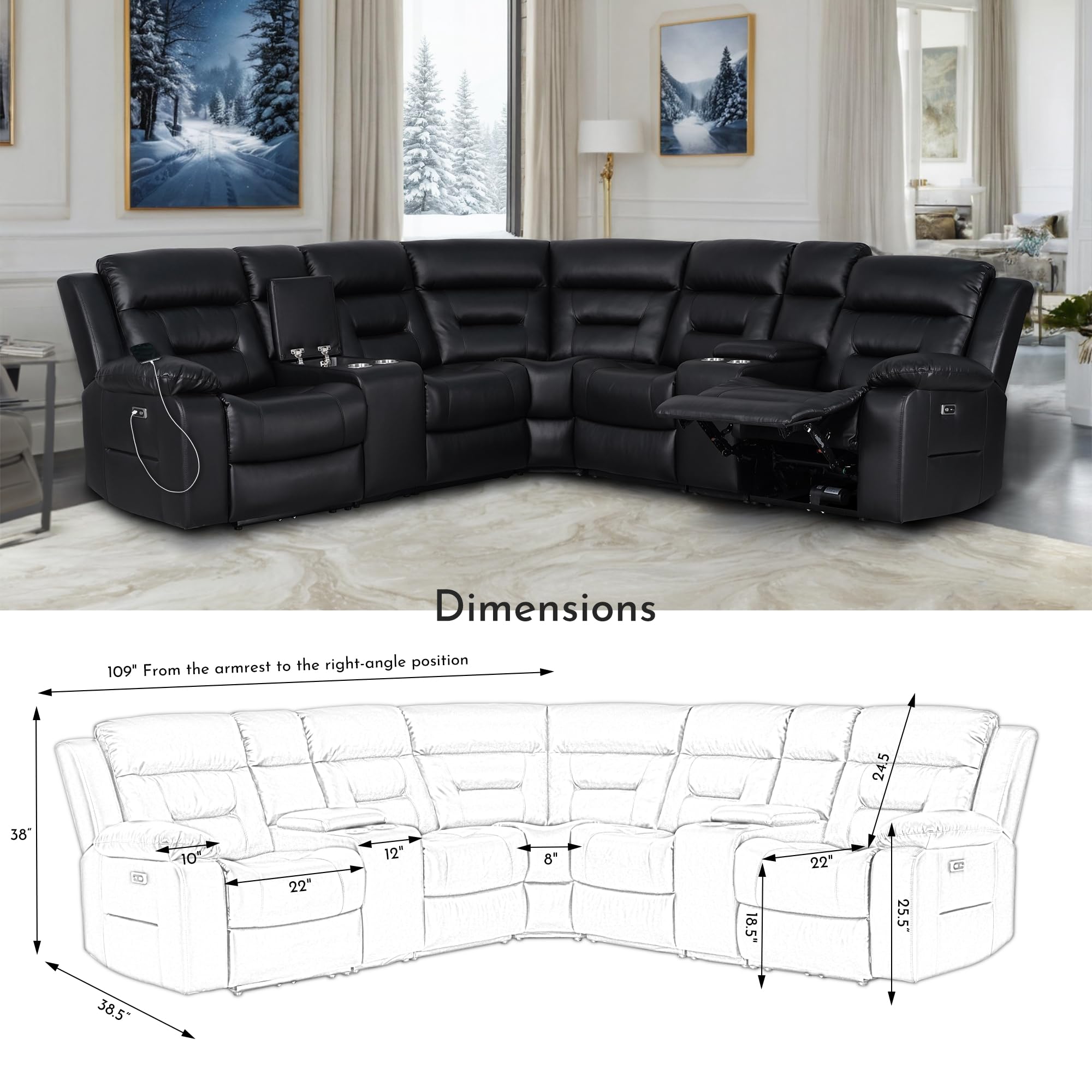 Power Recliner Sectional, Faux Leather Power Reclining Sectional Couch, Modular Livingroom Furniture Sets with 2 Storage Console & 4 Cup Holders (Black)