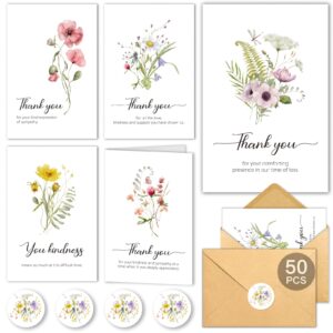 hiabnrt 50 funeral thank you cards with envelopes 4x6in watercolor wildflower bereavement sympathy thank you card with 5 designs for funeral celebration of life, bulk, message inside