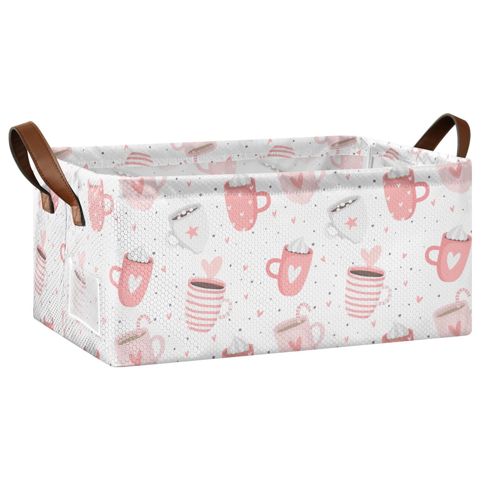 Exnundod Collapsible Storage Bin Pink Coffee Hearts Organizer Storage Shelf Basket Cute Valentine's Day Storage Boxes with Handles for Closet Blanket Toys Home Dorm Office